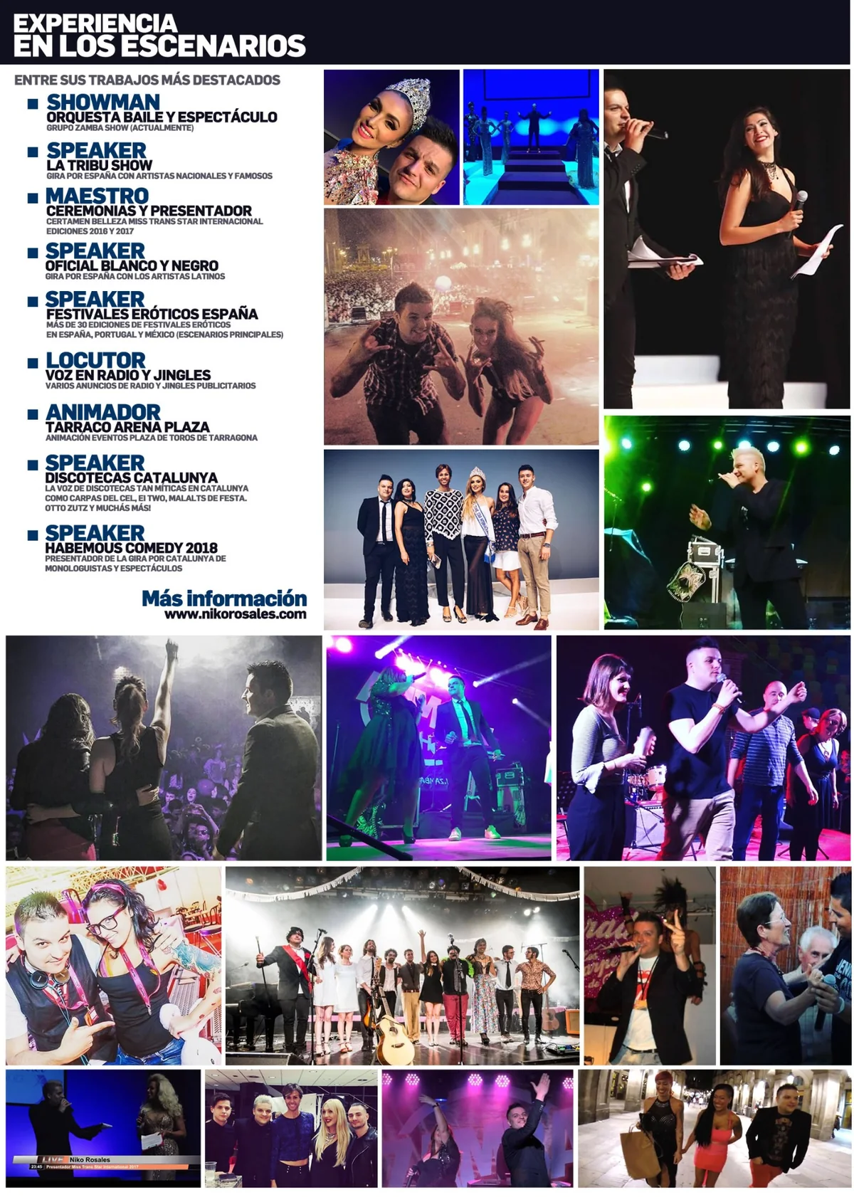 Collage de experiencia profesional de Niko Rosales en galas, escenarios y eventos